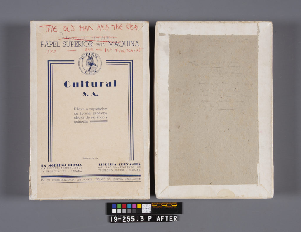 An image of The Old Man and the Sea typewriter paper box lid and tray, shown after conservation work.